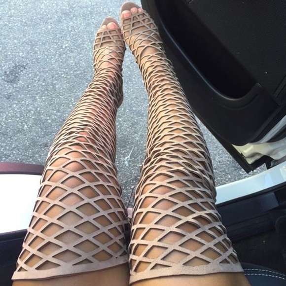 Shoes - Nude caged thigh high heels